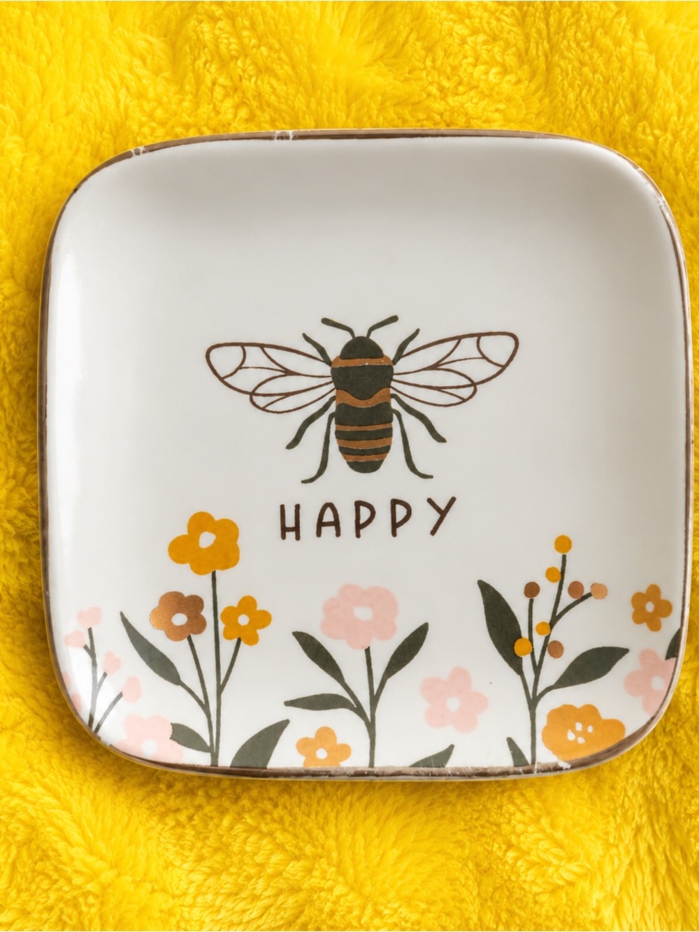 Bee Happy Floral Trinket Coins,Teabag holder,Jewelry, keys Etc Tray Ceramic Dish